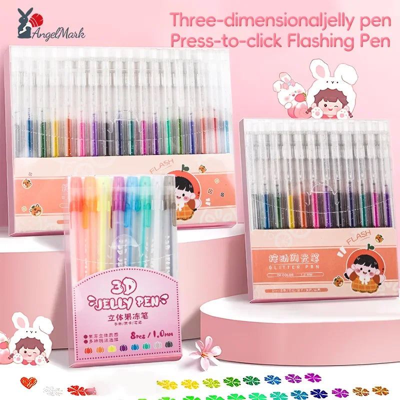 6 /8 /12 /18 /24 Colors 3D Jelly Pens /Retractable Glitter Gel Pens Handwriting Pens for Writing Notes Art Coloring Drawing DIY