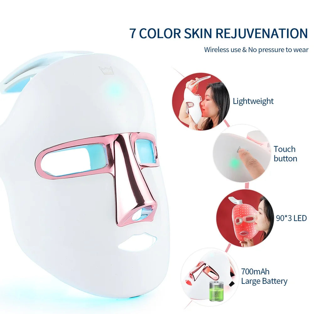 7 Colors Photon Face LED Mask USB Facial Beauty Mask Red Light Therapy Skin Care Repair Skin Brightening Wireless Use