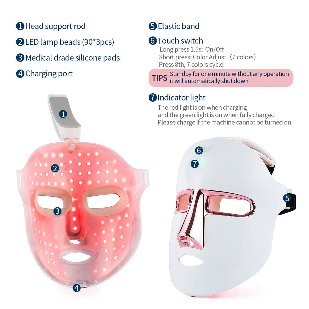 7 Colors Photon Face LED Mask USB Facial Beauty Mask Red Light Therapy Skin Care Repair Skin Brightening Wireless Use