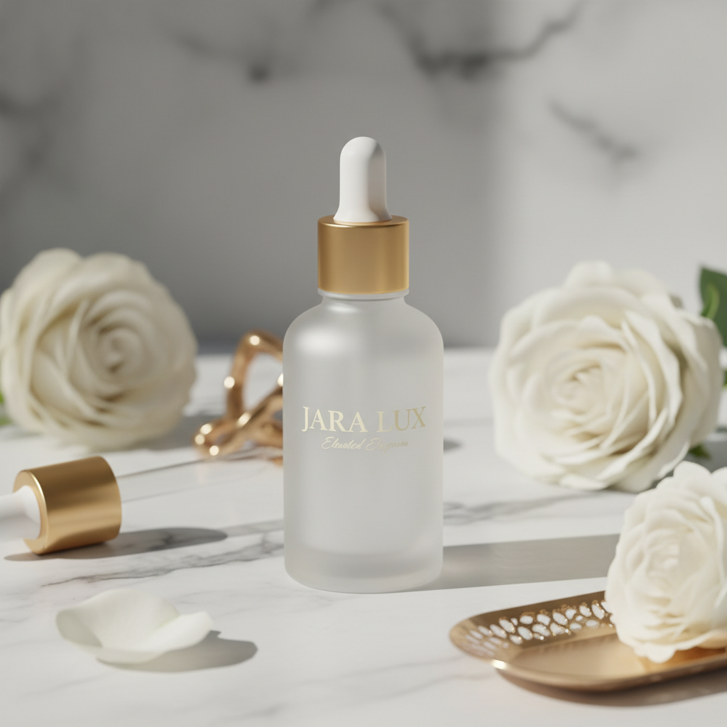 JARA LUX Radiance Serum with gold dropper on marble surface with white roses